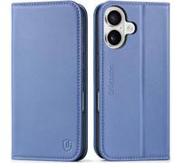 SHIELDON Case for iPhone 16 6.1", Genuine Leather Wallet Case with Card Holder [Kickstand][RFID Blocking] Magnetic Closure Shockproof Flip Folio Cover Compatible with iPhone 16 - Wisteria Purple