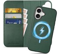 SHIELDON Case for iPhone 16 Plus 6.7", Genuine Leather Detachable 2 in 1 Wallet [RFID Blocking][3 Card Slots] Magnetic Shock-Absorbent Wireless Charging Folio Compatible with iPhone 16 Plus -Evergreen