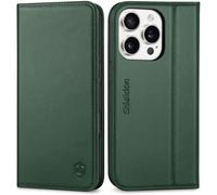 SHIELDON Case for iPhone 16 Pro 5G 6.3", Genuine Leather Protective Flip Case with [RFID Blocking][3 Card Slots][Kickstand] Magnetic Folding Phone Cover Compatible with iPhone 16 Pro - Evergreen