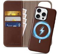 SHIELDON Case for iPhone 16 Pro 6.3", Genuine Leather 2 in 1 Detachable Wallet [Card Slots][RFID Blocking][Kickstand] Magnetic Wireless Charging Flip Cover Compatible with iPhone 16 Pro - Retro Coffee