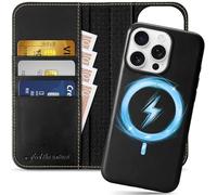 SHIELDON Case for iPhone 16 Pro 6.3", Genuine Leather 2 in 1 Detachable Wallet with Card Holder [RFID Blocking][Kickstand] Magnetic Wireless Charging Case Compatible with iPhone 16 Pro - Retro Black