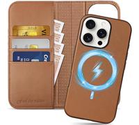 SHIELDON Case for iPhone 16 Pro, Genuine Leather 2 in 1 Detachable Wallet with Card Slots [RFID Blocking][Kickstand] Magnetic Wireless Charging Flip Case Compatible with iPhone 16 Pro - Saddle Brown