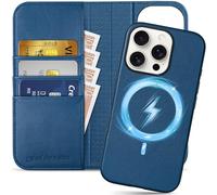 SHIELDON Case for iPhone 16 Pro, Genuine Leather Detachable Wallet Case [RFID Blocking][Card Holder][Kickstand] Magnetic Protection Removable Folding Cover Compatible with iPhone 16 Pro - Royal Blue