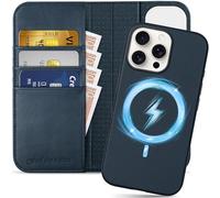 SHIELDON Case for iPhone 16 Pro Max 5G, Genuine Leather Detachable Wallet [RFID Blocking][Card Holder] Shockproof Magnetic Wireless Charging Case Compatible with iPhone 16 Pro Max 6.9" - Navy Blue