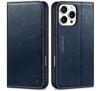 SHIELDON Case for iPhone 16 Pro Max 5G, Genuine Leather Wallet Case with Card Holder [Kickstand][RFID Blocking][Magnetic Closure] Shockproof Case Compatible with iPhone 16 Pro Max - Retro Dark Blue