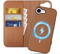 SHIELDON Case for iPhone 16e 2025, Genuine Leather 2 in 1 Detachable Wallet [Card Holder][RFID Blocking][Kickstand] Magnetic Wireless Charging Flip Cover Compatible with iPhone 16e 6.1" - Saddle Brown