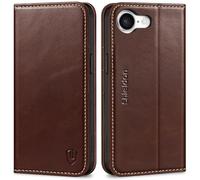 SHIELDON Case for iPhone 16e 2025, Genuine Leather Wallet Folio [Card Slots][Magnetic Closure][RFID Blocking] Shock Absorbing Phone Cover with Kickstand Compatible with iPhone 16e 6.1"- Retro Coffee