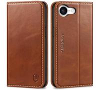 SHIELDON Case for iPhone 16e 5G 6.1", Genuine Leather Wallet Case [Kickstand][RFID Blocking][Card Holder][Shockproof TPU Shell] Magnetic Flip Book Cover Compatible with iPhone 16e 2025 - Retro Brown
