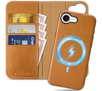 SHIELDON Case for iPhone 16e 5G, Genuine Leather Detachable 2 in 1 Magnetic Wallet Case[RFID Blocking][Card Slot][Kickstand] Shockproof Wireless Charging Compatible with iPhone 16e- Retro Light Brown