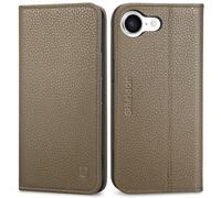 SHIELDON Case for iPhone 16e, Genuine Leather Wallet Folio Case [Card Holder][Kickstand][RFID Blocking] Magnetic Shockproof Flip Phone Cover Compatible with iPhone 16e 5G 6.1" 2025 - Pebbled Khaki