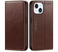 SHIELDON Flip Case for iPhone 15 6.1" 5G, Genuine Leather Wallet Case with [Kickstand][RFID Blocking][Card Holder][Shockproof TPU] Magnetic Flip Folding Case Compatible with iPhone 15 - Retro Coffee
