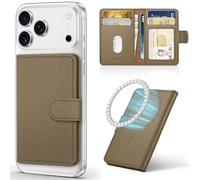SHIELDON Genuine Leather Magnetic Closure Card Holder - RFID Blocking, 6 Card Slots, ID Window, Slim Front Pocket Wallet Compatible with iPhone 17/16/15/14/13/12 Series - Pebbled Khaki
