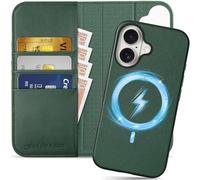 SHIELDON Wallet Case for iPhone 16 6.1", Genuine Leather 2 in 1 Detachable Magnetic Wireless Charging [RFID Blocking][Kickstand[Card Slots] Shockproof Phone Cover Compatible with iPhone 16 - Evergreen
