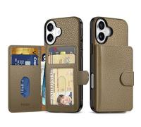 SHIELDON Wallet Case for iPhone 16 6.1", Genuine Leather Non-detachable Magnetic RFID Blocking Card Wallet with 6 Card Slots, Slim Shockproof Cover Compatible with iPhone 16 2024 - Pebbled Khaki
