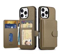 SHIELDON Wallet Case for iPhone 16 Pro Max, Genuine Leather Non-detachable Magnetic RFID Blocking Card Wallet with 6 Card Slots, Slim Shockproof Cover Compatible with iPhone 16 Pro Max - Pebbled Khaki