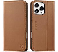 SHIELDON Wallet Case for iPhone 16 Pro Max, Genuine Leather, Saddle Brown
