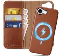 SHIELDON Wallet Case for iPhone 16e 5G 6.1", Genuine Leather Detachable Flip [RFID Blocking][Card Holder][Kickstand] Magnetic Wireless Charging Cover Compatible with iPhone 16e 2025 - Retro Brown