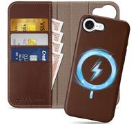 SHIELDON Wallet Case for iPhone 16e 5G, Genuine Leather Detachable Magnetic 2 in 1 Case [Kickstand][RFID Blocking][Card Slots] Shockproof Flip Cover Compatible with iPhone 16e 6.1" - Retro Coffee