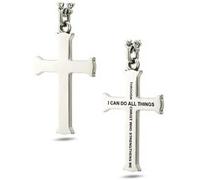 Shields of Strength Men’s Stainless Steel Flare Cross Necklace Philippians 4:13 Bible Verse Pendant Curb Chain Christian Faith Jewelry Gift Encouragement, 20 inches, Stainless Steel, No Gemstone
