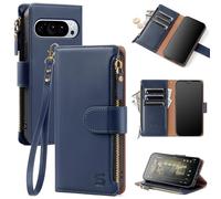 Shieldtop Compatible with Google Pixel 10 Pro XL Wallet Case with Card Holder,Women Men RFID Blocking PU Leather Flip Cover Wrist Strap Zipper Credit Card Slots,Phone Case for Pixel 10 Pro XL,Blue