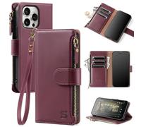 Shieldtop Compatible with iPhone 14 Pro Max Wallet Case with Card Holder,Women Men RFID Blocking PU Leather Flip Cover Wrist Strap Zipper Credit Card Slots,Phone Case for Apple 14 Pro Max,Wine Red
