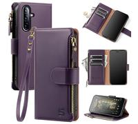 Shieldtop Compatible with Samsung Galaxy A36 Wallet Case with Card Holder,PU Leather Phone Case Flip Protective Cover Wrist Strap Zipper Pocket Credit Card Slots RFID Blocking Women Men,Dark Purple