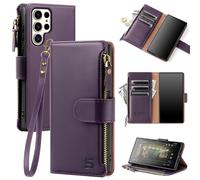 Shieldtop Compatible with Samsung Galaxy S25 Ultra Wallet Case with Card Holder,Women Men RFID Blocking PU Leather Flip Cover Wrist Strap Zipper Credit Card Slots,Phone Case for S25 Ultra,Dark Purple