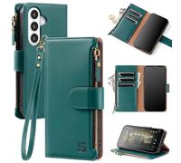 Shieldtop Compatible with Samsung Galaxy S26 Plus Wallet Case with Card Holder,Women Men RFID Blocking PU Leather Phone Case Flip Protective Cover Wrist Strap Zipper Credit Card Slots,Blue Green