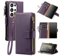 Shieldtop Compatible with Samsung Galaxy S26 Ultra Wallet Case with Card Holder,Women Men RFID Blocking PU Leather Phone Case Flip Protective Cover Wrist Strap Zipper Credit Card Slots,Dark Purple