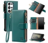 Shieldtop Compatible with Samsung Galaxy S26 Ultra Wallet Case with Card Holder,Women Men RFID Blocking PU Leather Phone Case Flip Protective Cover Wrist Strap Zipper Credit Card Slots,Blue Green