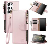 Shieldtop Compatible with Samsung Galaxy S26 Ultra Wallet Case with Card Holder,Women Men RFID Blocking PU Leather Phone Case Flip Protective Cover Wrist Strap Zipper Credit Card Slots,Rose Gold