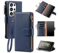 Shieldtop Compatible with Samsung Galaxy S26 Ultra Wallet Case with Card Holder,Women Men RFID Blocking PU Leather Phone Case Flip Protective Cover Wrist Strap Zipper Credit Card Slots,Blue