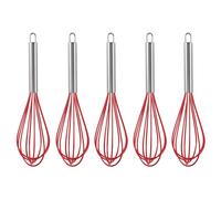 Shienfir Ergonomic Egg Beater Wooden Handle 1/5pcs Silicone Whisk Stainless Steel Dishwasher Safe Design with Hanging Hole Kitchen Red 5pcs