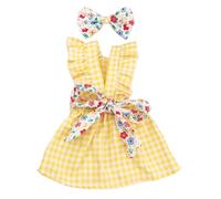 Shienfir Summer Dog Dress Elastic Waist Pet Apparel 1 Set Pet Dress Bow Decor Ruffled Sleeves Dog Plaid Dress Summer Cat Dress with Headdress Pet Supplies Yellow L