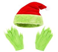 SHIFANQI Green Furry Monster Gloves and Santa Hat Set, Funny Green Halloween Christmas Gloves, Santa Furry Hand Gloves and Santa Hat Christmas Costume Cosplay Props Accessories for Adult