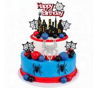 SHIFANQI Spider Cake Toppers, 48PCS Happy Birthday Cake Decorations, Spider Web and Glitter Balls for Spider Man Theme Baby Shower Boys Girl Kids Birthday Party Supplies