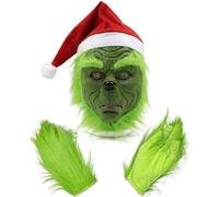 SHIFANQI The Green Monster Mask and Gloves,Santa Hat Green Face Christmas Mask,Costume Cosplay Latex Head Mask for Adults