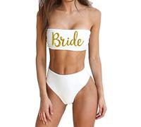 shifeier Bride Women 2 Pieces Bandeau Bikini Squad Swimsuits Off Shoulder High Waist Wifey Cheeky Bikinis Set…, Brideglt-whte, S