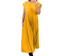 Shift Dresses for Women UK Elegant Pleated Dress Short Sleeve Summer Maxi Dress with Pockets Ladies Solid Color Tunic Beach Dresses Loose Casual Long Dresses Office Work Smock Dresses Yellow