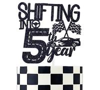 Shifting into 5th Year Cake Topper, Race Car Theme Birthday Party Decoration Supplies for Kids, Five Years Old Birthday Party Decorations Supplies, Black Glitter