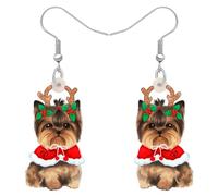 SHIGIE Christmas Acrylic Cute Yorkshire Terrier Dog Earrings Holly Antler Puppy Holiday Jewellery For Women Pets Lovers Festival Gifts (Brown)