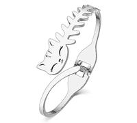 SHIGIE Stainless Steel Rhinestone Cute Cat Face Bangle Cuff Bracelets Kitten Animals 18K Gold Silver Plated Jewellery For Women Pets Lovers Gifts (Silver-plated)