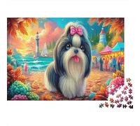 Shih Tzu at Beach 1000 Piece Jigsaw Puzzle Set for Hobbyists Cute Dog Premium Cardboard Home Decor Wall Art Difficult Challenge Game Jigsaw 70x50cm/1000pcs