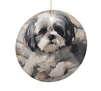 Shih Tzu Ceramic Circular Pendant,2.9 Inch，Hanging Ornament，Gift Exchange Idea Round Ceramic Ornament,for Mom and Daughter，for Home Indoor Outdoor Decor.