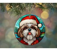 Shih Tzu Christmas Stained Glass Ceramic Ornament, Christmas Tree Hanging Ornament, Dog Stained Glass Ornament, Ornament Religious Gift for Christians Printed on Both Sides