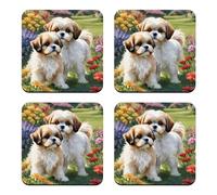 Shih Tzu Coaster Set, 4 x Dog Puppy Art 9cm Glossy Wood Coffee Drinks Mats Gift