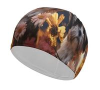Shih Tzu Dog and Flowers Bathing Cap High Elasticity Swimming Caps Fit Both Long Hair Short Hair Comfortable Large Shower Cap for Drag Reduction and Hair Protection