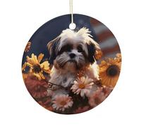 Shih Tzu Dog and Flowers Ceramic Circular Pendant,2.9 Inch，Hanging Ornament，Gift Exchange Idea Round Ceramic Ornament,for Mom and Daughter，for Home Indoor Outdoor Decor.