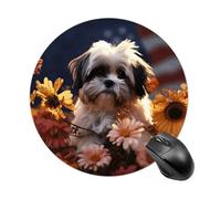 Shih Tzu Dog and Flowers Mouse Pad Round Laptop Mouse Mat Cute Computer Mousepad Keyboard Pad Non-Slip Desk Pads for Gaming Office Work Home