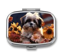 Shih Tzu Dog and Flowers Pill Box 2 Compartment Portable Pill Case Daily Square Pill Organizer for Pocket Purse Daily Medicine Container to Hold Vitamins Fish Oil Travel Gifts